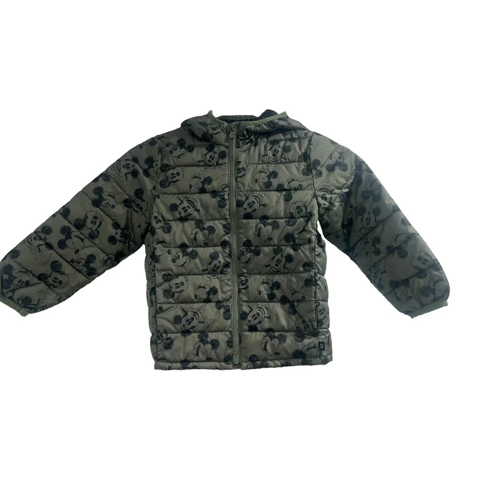 Baby Gap Disney Mickey Mouse Puffer Jacket 5T Gray Olive Green Water Resistant